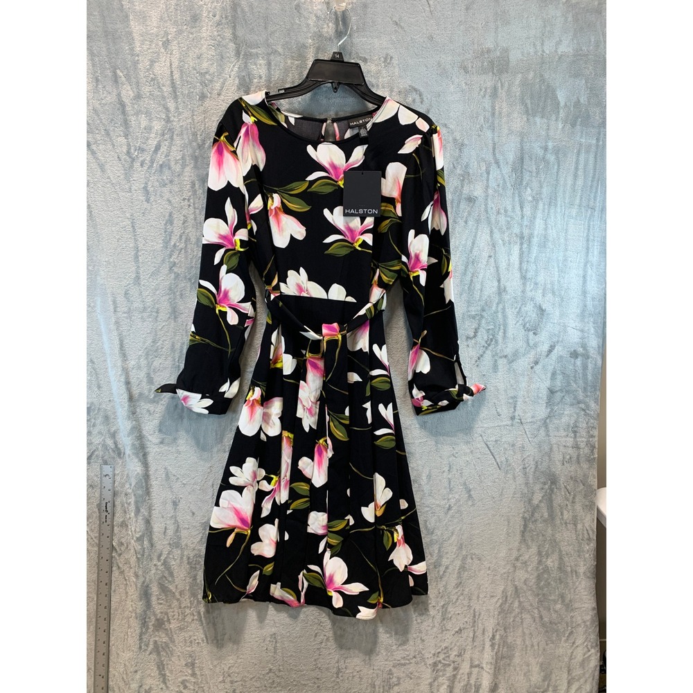Halston Women Black Pink Floral Long Sleeve Tie Waist Dress HD5A7CAR Size 12 NEW